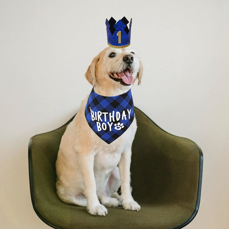 Dog Birthday Party Supplies- Reusable Dog Birthday Hat and Bandana with Numbers, Blue Crown Party Hat BIRTHDAY BOY Scarf Set, Pet Outfits Accessories Party Decoration for for Small Medium Dogs Cats Blue Crown Hat+BIRTHDAY BOY Bandana - PawsPlanet Australia