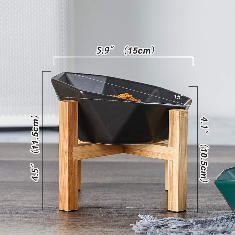 HCHLQLZ Black with stand Ceramic Tilted Elevated Raised Pet Bowl with bamboo Stand for Cats and Dogs No Spill Pet Food Water Feeder - PawsPlanet Australia