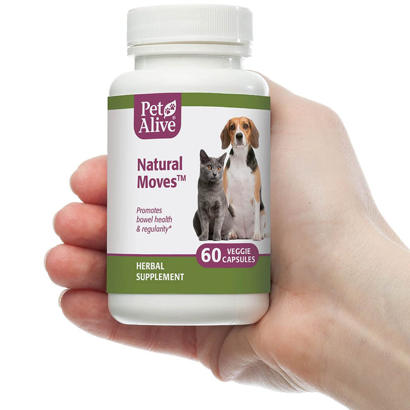 PetAlive Natural Moves - All Natural Herbal Supplement Promotes Bowel Health and Regularity in Cats and Dogs - 60 Veggie Caps - PawsPlanet Australia