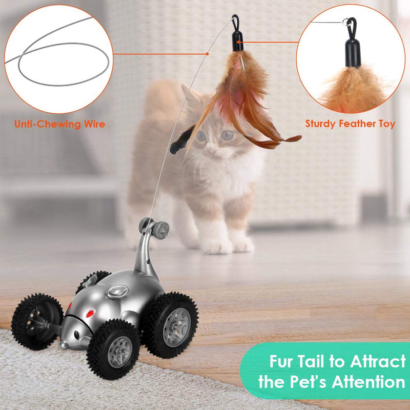 [Australia] - Lukovee Remote Cat Toy, Mouse Shape Feather Interactive Moving Automatic Robotic Rat Sound Chaser Prank Car for Kitten Stimulate Cat Hunting Instincts Funny Gifts for Pet (No Battery Included) Grey 