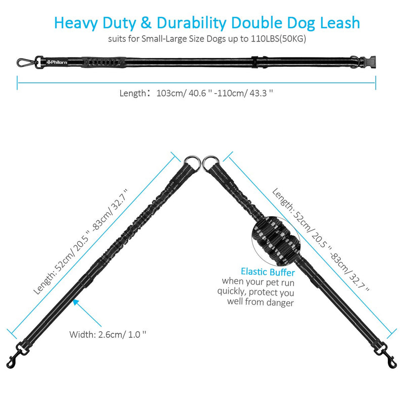 PHILORN Hands-Free Double Dog Leash 110lbs Comfortable Shock Absorbing Reflective Bungee for 2 Dogs Walking Training 66-84 inch Adjustable No Tangle Dual Dog Leash with Pouch 2 Handles Black - PawsPlanet Australia