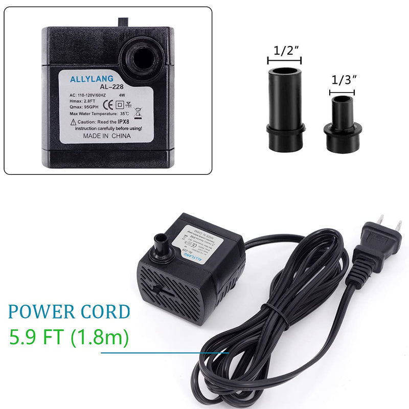 ALLYLANG Mini Aquarium pump, super quiet submersible pump (95GPH4W) for aquarium tanks, water gardens, hydroponic systems, desktop fountains and pet fountains 95GPH - PawsPlanet Australia