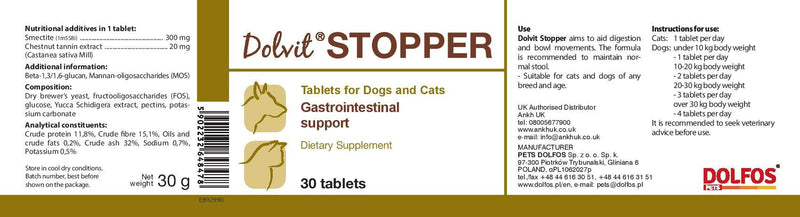 PETS Dolfos Dolvit STOPPER Gastrointestinal Support for Cats and Dogs 30 tablets - PawsPlanet Australia