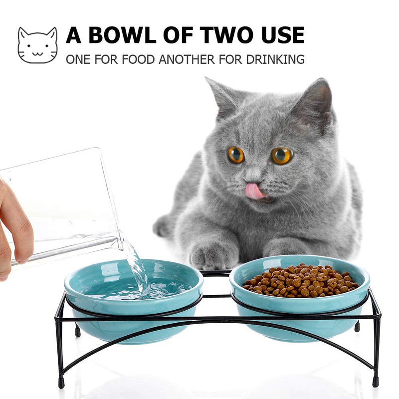 Y YHY Ceramic Cat Food Dishes, Raised Pet Food Bowls and Water Bowls, Double Cat Dishes with Metal Stand, Gift for Cat and Puppy, 355ML, Blue - PawsPlanet Australia