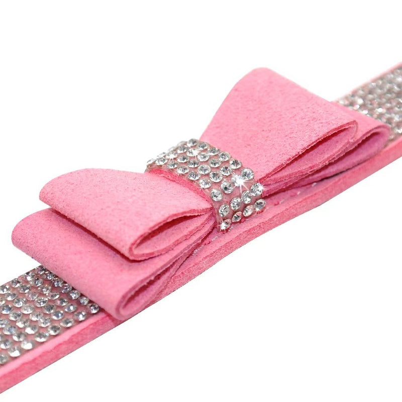 [Australia] - Beirui Bling Soft Leather Dog & Cat Collar & Leash Set - Rhinestone Flocking Sparkly Crystal Diamonds Studded - Cute Double Bowknot - Perfect 4 Foot for Pet Show S: Neck fit 10-12.5"(total 14.5") Pink 