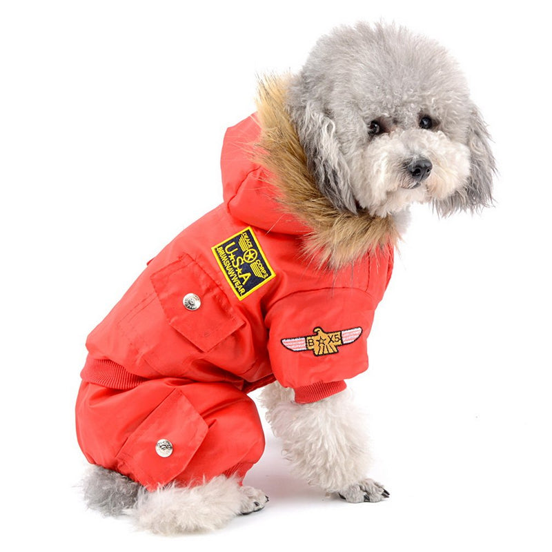 SELMAI Small Dog Apparel Airman Fleece Winter Coat Snowsuit Hooded Jumpsuit Waterproof (This Style Run Small, pls take a Measure of Your furbaby and Choose one Size Larger) M (Chest:16.9";Back:11.4",for 5-8lbs) Red - PawsPlanet Australia