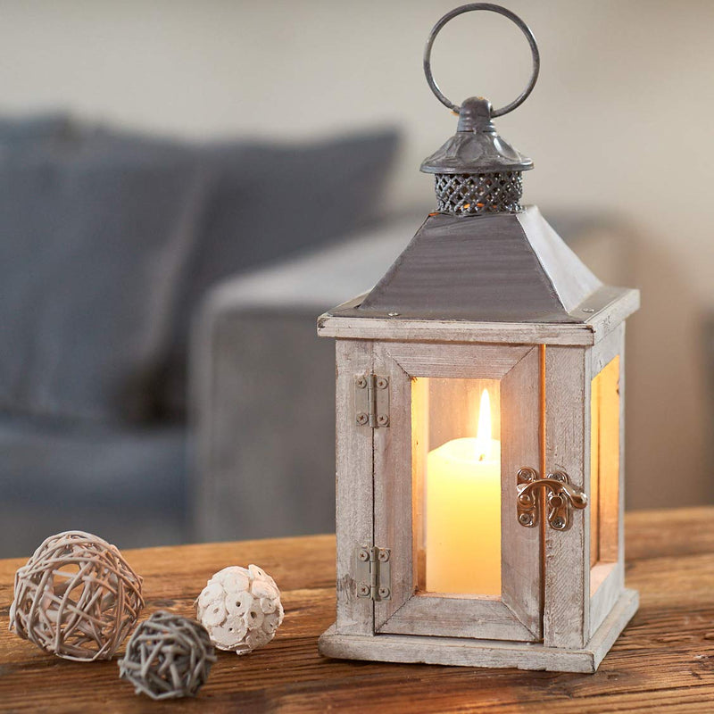 WHW Whole House Worlds Farmers Market Wooden Candle Lantern Hurricane, Rustic Dark Metal Roof, Shabby Weathered Finish, White Stained Fir, 10 Inches Tall Galvanized Metal Floor Plate - PawsPlanet Australia