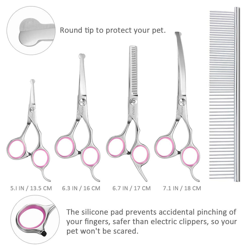 POPETPOP Dog Grooming Scissors Kit with Safety Round Tip Heavy Duty 4 CR Stainless Steel Pet Grooming Trimmer Set Thinning, Straight, Curved Shears Comb for Dog Cat Pet - PawsPlanet Australia