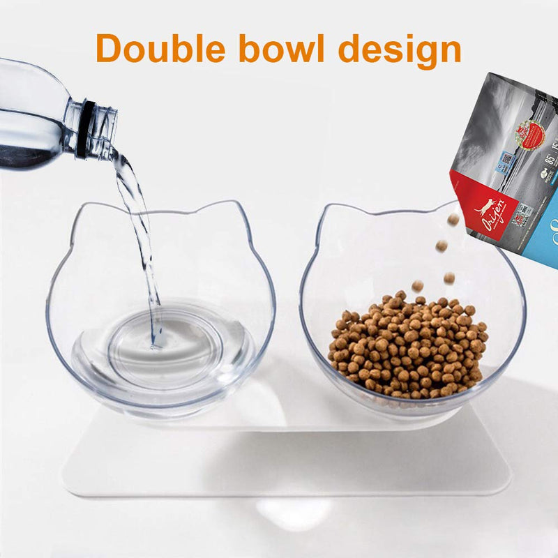 VZATT Cat Bowls, 15° Tilted Platform Double Bowl Cat Feeder, Raised Cat Feeding Bowl with Stand, Anti-slip & Non-spill Durable Adjustable Pet Food Water Bowl for Cats and Small Dogs - Transparent - PawsPlanet Australia