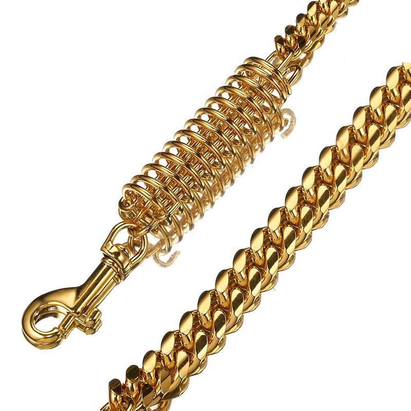 [Australia] - Aiyidi 1ft, 2ft, 3ft Strong Gold Metal Cuban Curb Link Chain 14mm Stainless Steel Dog Safety Leash Buffer Spring Labor-Saving Genuine Leather Handle Dog Leash 2ft (24inch) for Medium dog 