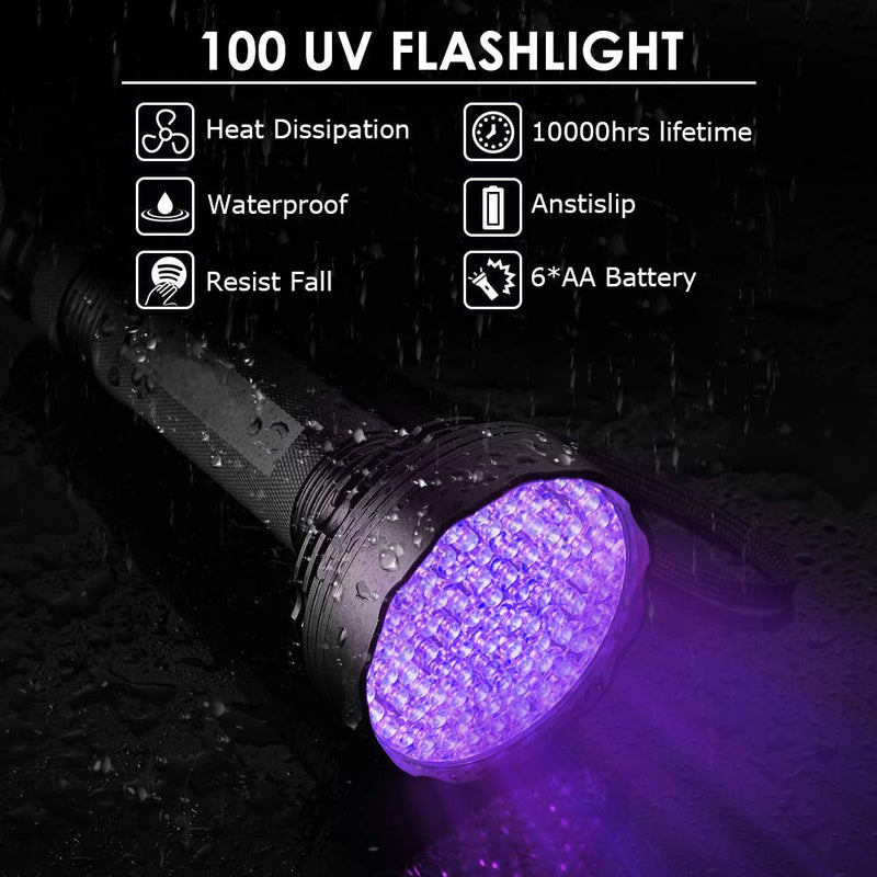 UV Flashlight,100 LEDs UV Torch with UV Protection Glasses for Dog Cat Urine Carpet Detector, 395nm Upgraded Black Light Ultraviolet Flashlight Detector for Pet Urine, Stain, Bed Bugs and More - PawsPlanet Australia