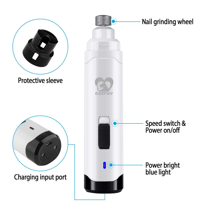 Casfuy Dog Nail Grinder Upgraded - Professional 2-Speed Electric Rechargeable Pet Nail Trimmer Painless Paws Grooming & Smoothing for Small Medium Large Dogs & Cats (White) White - PawsPlanet Australia