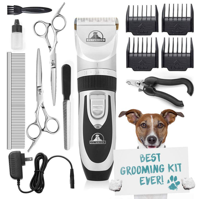 [Australia] - Pet Union Professional Dog Grooming Kit - Rechargeable, Cordless Pet Grooming Clippers & Complete Set of Dog Grooming Tools. Low Noise & Suitable for Dogs, Cats and Other Pets Chrome 