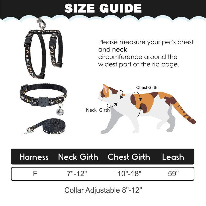 Cat Harness with Leash and Collar Set - Escape Proof Adjustable H-shped Cat Harness with Star and Moon Pattern Glow in The Dark for Kitty Outdoor Walking Black - PawsPlanet Australia