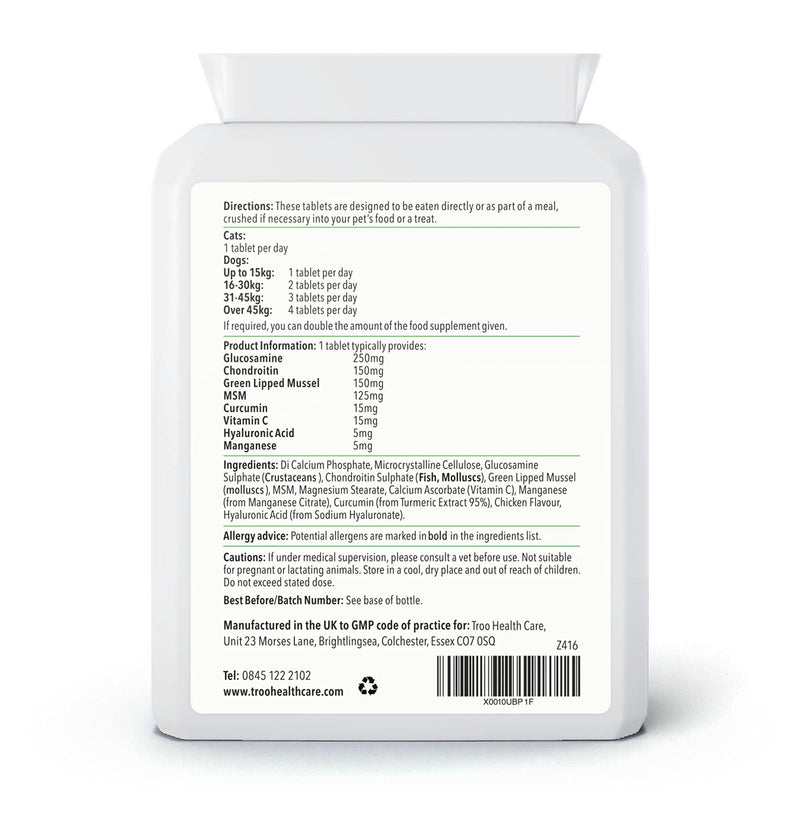 Troo Health Care Vitali-Paws Dog Joint Support Supplement for Pets - 120 Tablets | Chondroitin, MSM, Green Lipped Mussel, Glucosamine for Dogs and Cats | Yummy Chicken Flavour - UK Manufactured - PawsPlanet Australia