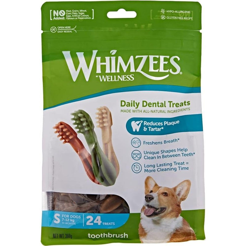 WHIMZEES By Wellness Toothbrush, Natural Grain-Free Dental Care Snacks, Chew Sticks for Small Dogs, Pack of 24, Size S Adult S, 7 - 12kg 360g Bag Single - PawsPlanet Australia