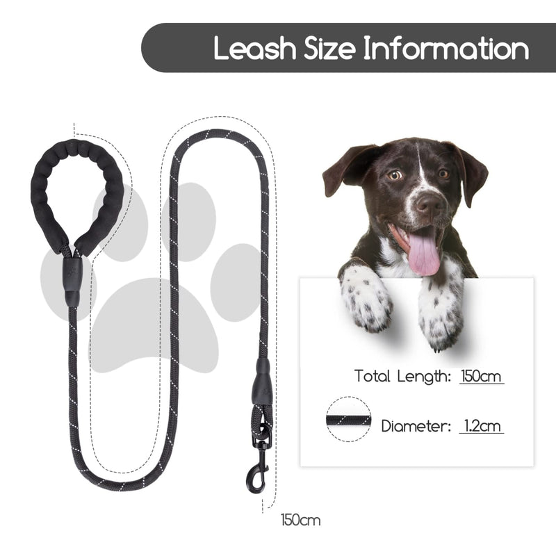 Nobleza Rope Dog Lead with Soft Comfortable Padded Handle, 5 FT Strong Dog Slip Leads, Highly Reflective Threads for Small, Medium and Large Dogs (Black, 150cm x 1.2cm) 1.5m with Soft Padded Handle - PawsPlanet Australia