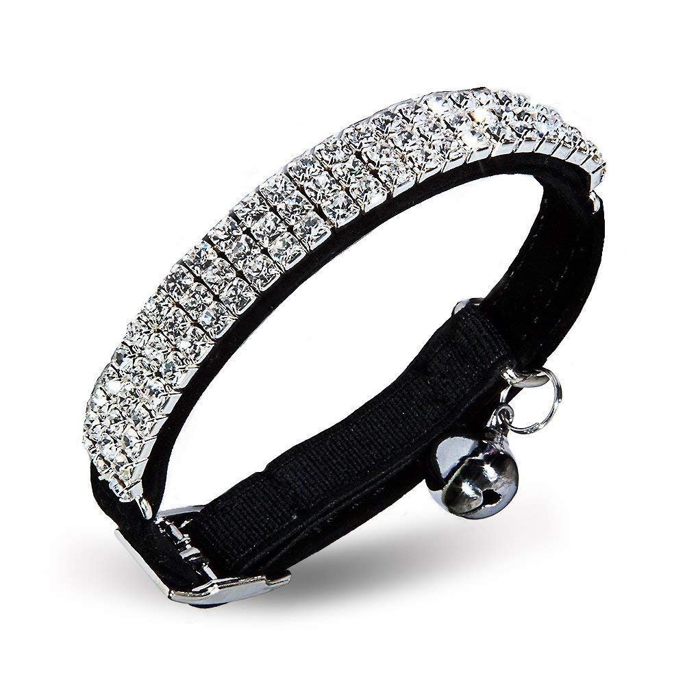 DAIXI Adjustable Soft Velvet Collar with Safe Cat Bling Diamante with Bells, 11 Inch for Small Dogs and Cats (Black) - PawsPlanet Australia