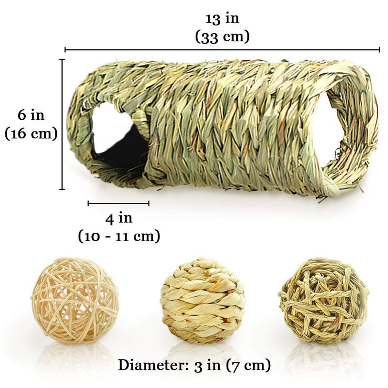 Meric Hideaway Seagrass Tunnel with Balls, 3 Fun Ball Textures, Perfect for Guinea Pig, Degu, and More, 3 Entrances Makes This Ideal for Multiple Pets, 2 Balls Have Soft Jingly Bells - PawsPlanet Australia