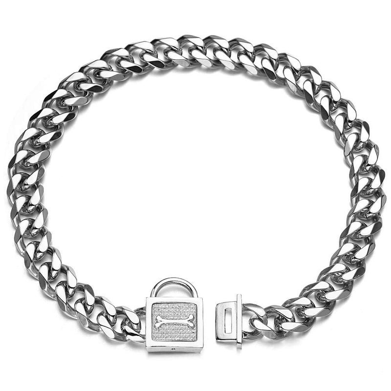 [Australia] - Aiyidi Heavy Pet Dog Collar, Stainless Steel Metal Slip Choker Collar, with Personality Rhinestone Lock, 19MM Silver Cuban Link Chain,12-26inch, Water-Proof, Chew-Proof, for Medium & Large Dogs 14 inches (for 10.1''~12'' dog's neck) 