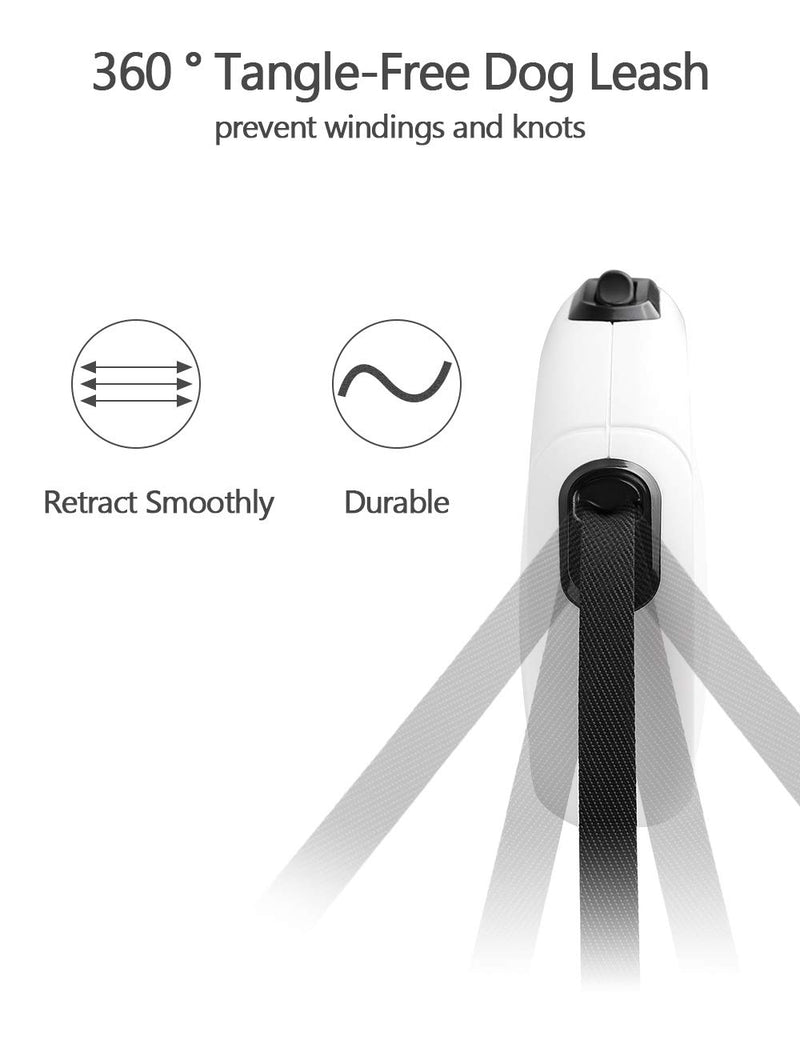 Uhomely Retractable Dog Lead, 16 Ft Heavy Duty Tangle Free Extendable Dog Leash for Small Medium Dogs Up to 110LBs - Anti-Chewing Nylon Tape with One-Handed Break, Pause, Lock, White 5M/16FT - PawsPlanet Australia