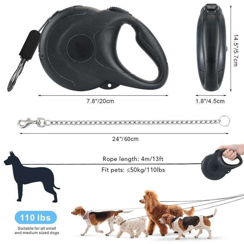 Idepet Retractable Dog Leash with Chewproof Steel Chain,Heavy Duty Strong Nylon Tape Walking Leash,One-Handed Brake Lock,360° Tangle-Free,Restore Elasticity for Small,Medium Large Dogs Black - PawsPlanet Australia