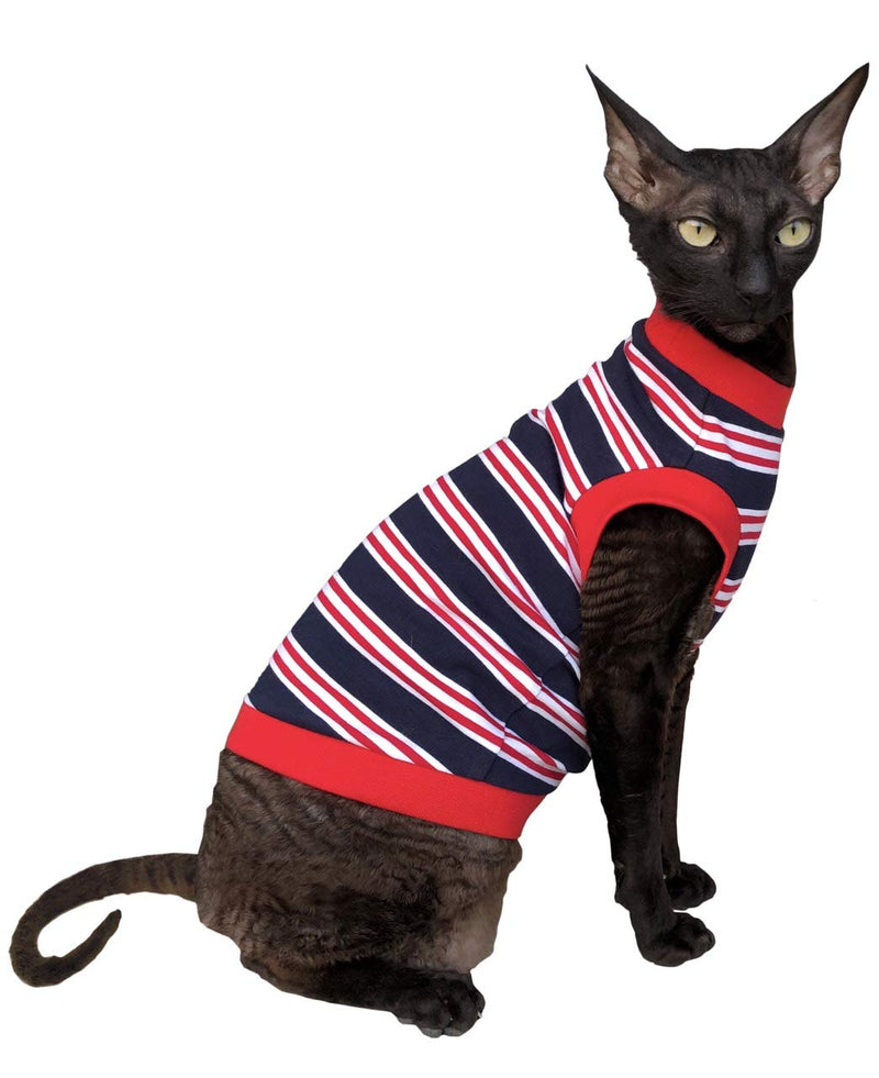 [Australia] - Kotomoda cat wear T-Shirt Dark Blue-red-White Stripes L 