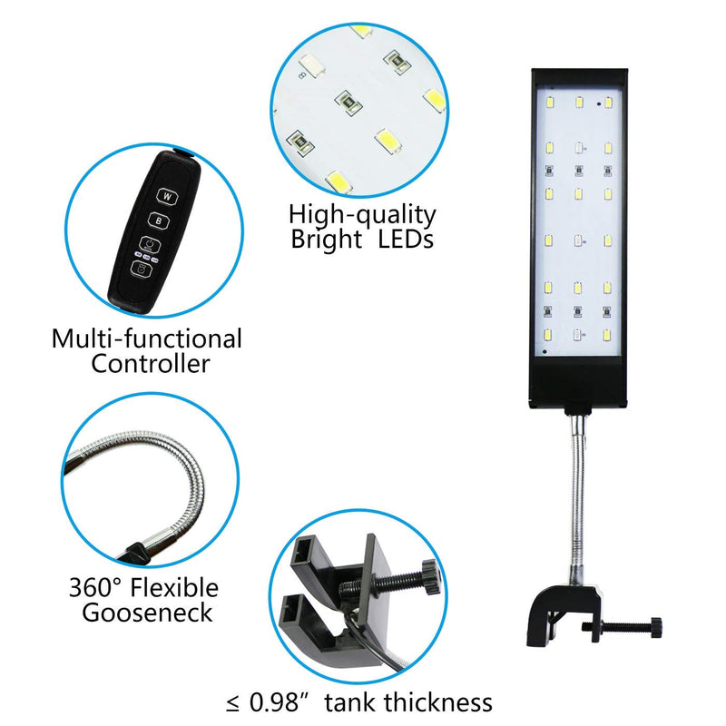 MingDak Fish Tank Clip on Light with Inline Timer, Clamp Aquarium Light with White & Blue LEDs, 3 Lighting Modes, Dimmable, 7W, 18 LEDs 18 led 7W (Timer&Dimmer Switch) - PawsPlanet Australia