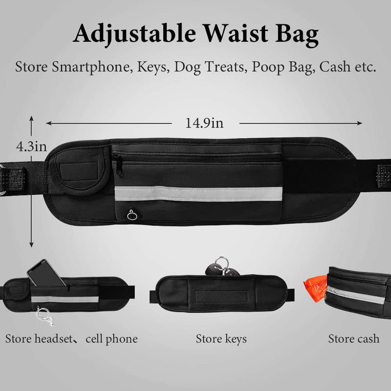 OEFWING Hands Free Dog Leash W/Zipper Pouch : Dual Padded Handles & Durable Retractable Bungee Dog Running Waist Leash for Small to Medium Dogs, Adjustable Waist Belt for Walking Jogging Hiking Biking Black - PawsPlanet Australia