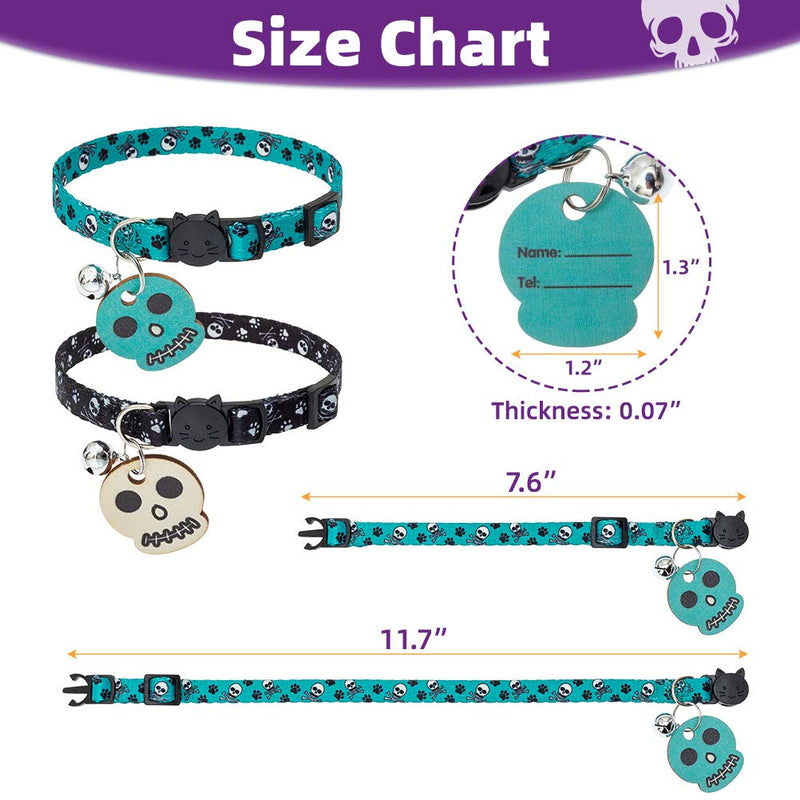 PUPTECK Breakaway Cat Collar with Bell - 2 Pack Personalized Skull Pattern Collars with Wooden ID Tag for Kitten Kitty Black&Green - PawsPlanet Australia