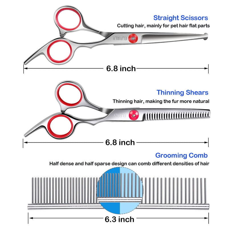 Elfirly Professional Dog Grooming Scissors Kit Stainless Steel Round Tip Cutting Thinning Curved Scissors Combing Pet Hair Trimming Scissors Set with Extra Dog Nail Clippers for Dogs and Cats Red - PawsPlanet Australia