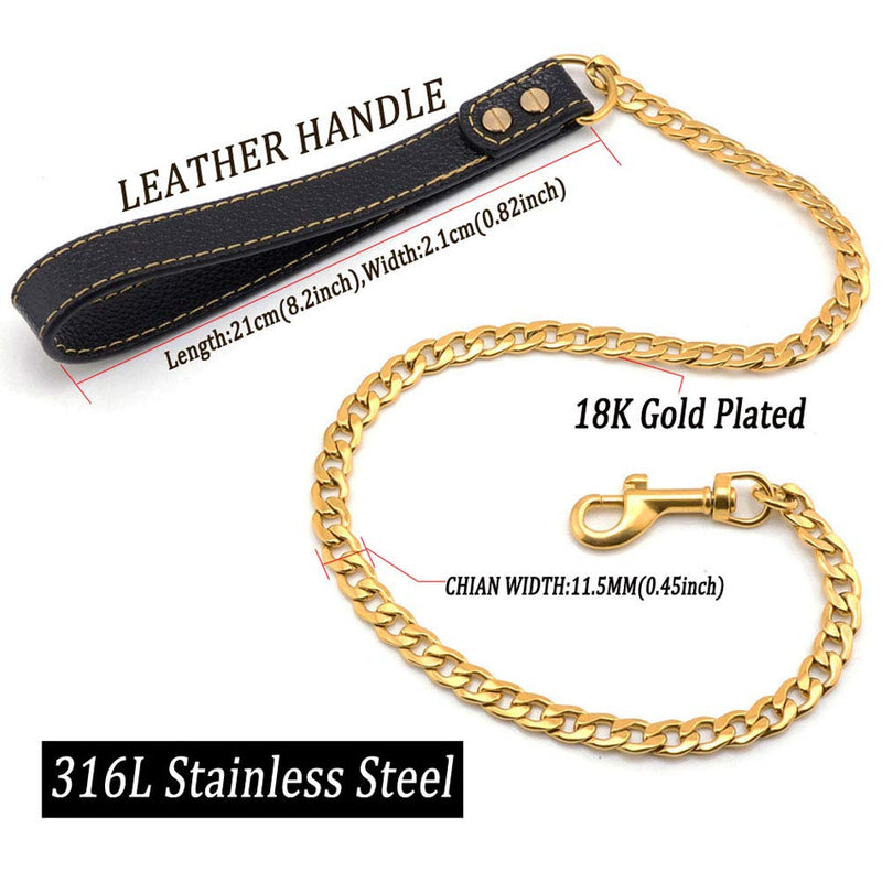 ZZOHAA 4ft Metal Dog Lead with Leather Handle,Fully Welded Gold Dog Leash,316L Stainess Steel Strong Dog Pet Chain for Large Medium Small Dogs (4FT, Gold) - PawsPlanet Australia