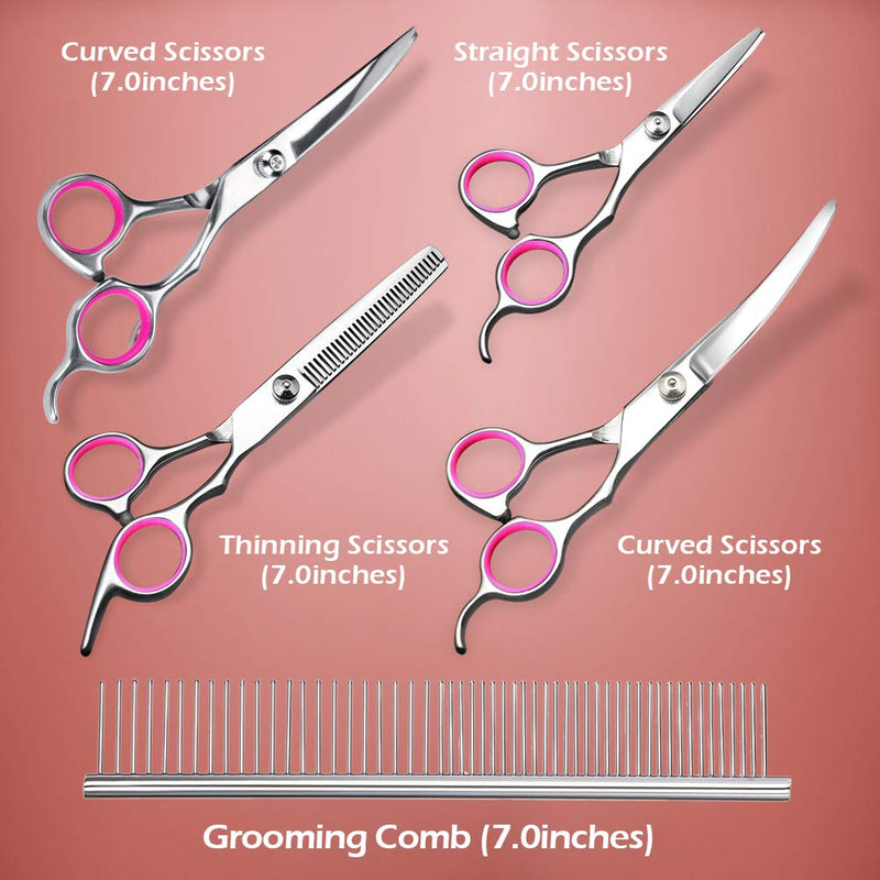 Maxiaa 4 Pcs Professional Dog Grooming Scissors, Stainless Steel Pet Grooming Scissors Set with 7-inch Straight Scissors, Thinning Shear, Up-curved Scissors, Down-curved scissors, Grooming Comb (Pink) - PawsPlanet Australia