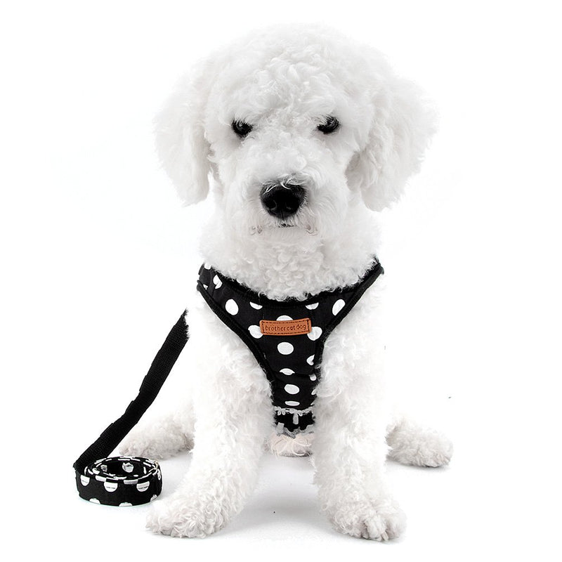 SMALLLEE_LUCKY_STORE No Pull Polka Dot Small Dog Cat Harness with Crown, Soft Mesh Padded Vest Harness and Leash Set for Girls S (chest 12.6",fit 3-5 lbs) Black - PawsPlanet Australia