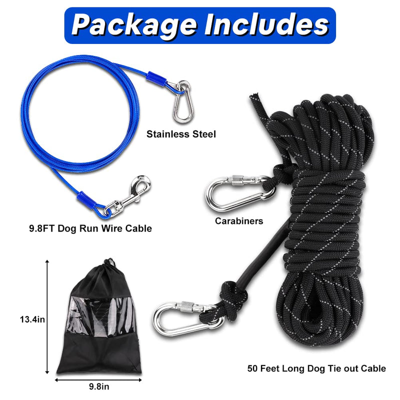 Petbobi Dog Tie Out Cable for Camping, 50FT Dog Runner for Yard with 9.8FT Dog Run Wire Cable, Portable Reflective Dog Lead Line with 360° Tangle Free &Heavy-Duty Clasp for Yard, Park, Black - PawsPlanet Australia