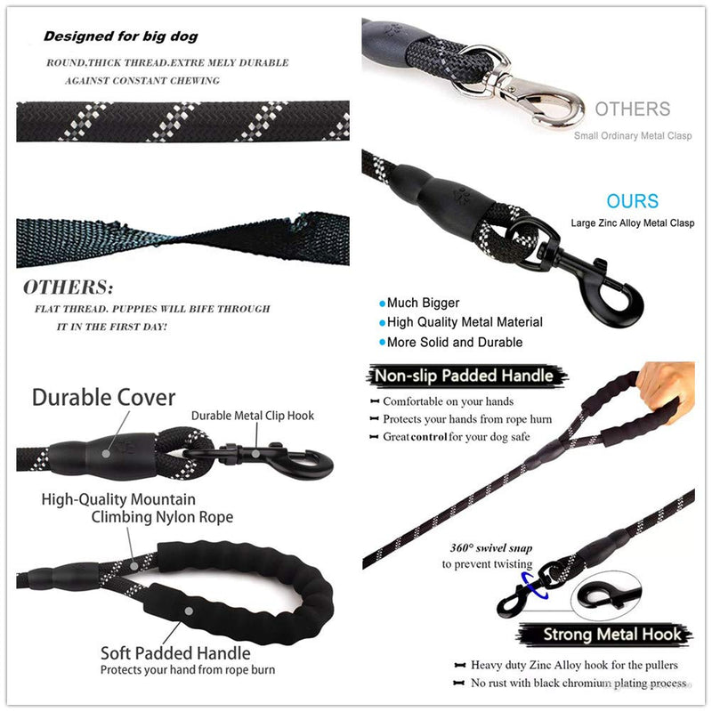 Copiel Dog Rope Leash, 5 Foot Quality Durable Soft EVA Padded Handle Walking Hiking Lead Rope Leash Reflective Training Pads Pee For Small, Medium Large Dog Puppy (Black) Black - PawsPlanet Australia