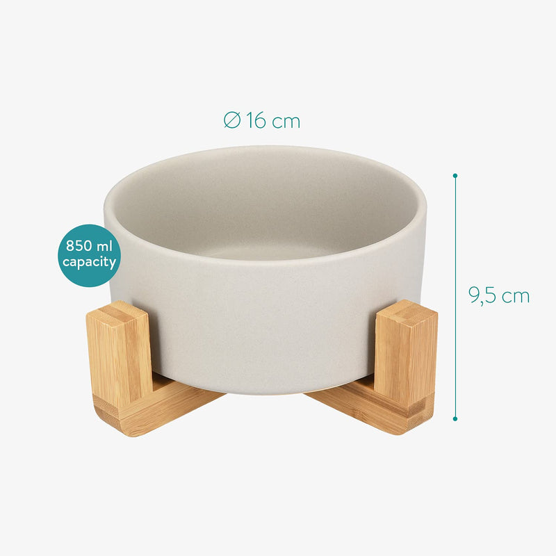 Navaris Ceramic Elevated Cat Bowls - Raised Double Food and Water Bowl Set for Cats and Small Dogs with Wood Stands - No Spill Eco Friendly Pet Bowls M Grey - PawsPlanet Australia