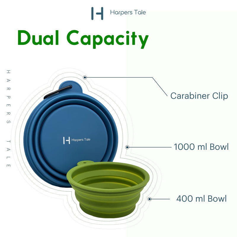 Harpers Tale Two pack Collapsible Travel Dog Bowl -1000ml Blue and 400ml Green with Carabiner Clip Integrated Molding Food Safe Silicone Lightweight Leak-Proof No Plastic Rim - PawsPlanet Australia