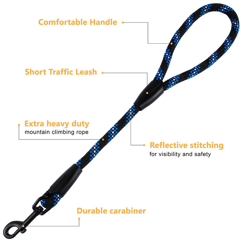 [Australia] - BronzeDog Short Dog Leash Rope 12 inch, Strong Mountain Climbing Lead, Reflective Training Leashes with Carabiner for Large and Extra Large Dogs Blue 