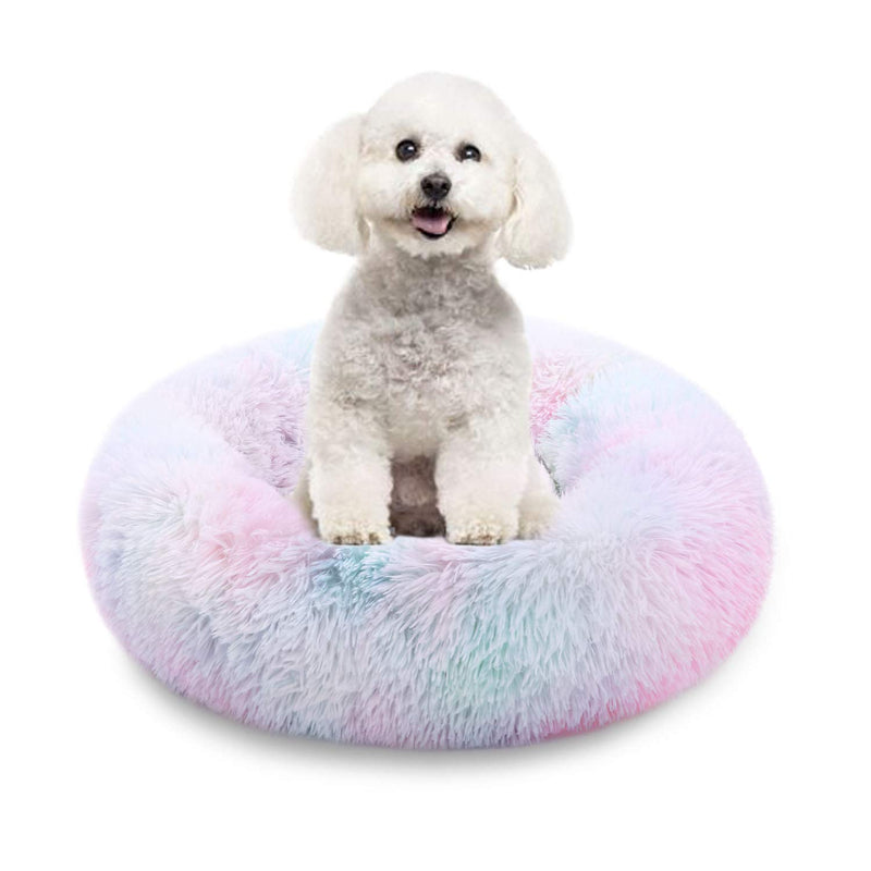 [Australia] - Kama Marshmallow Cat Bed, Round Donut Beds Sofa for Small Dogs, Warm Plush Calming Pet Bedding, Pluffy, Comfy&Cute Faux Fur Cuddler Indoor 20"x20" Rainbow 