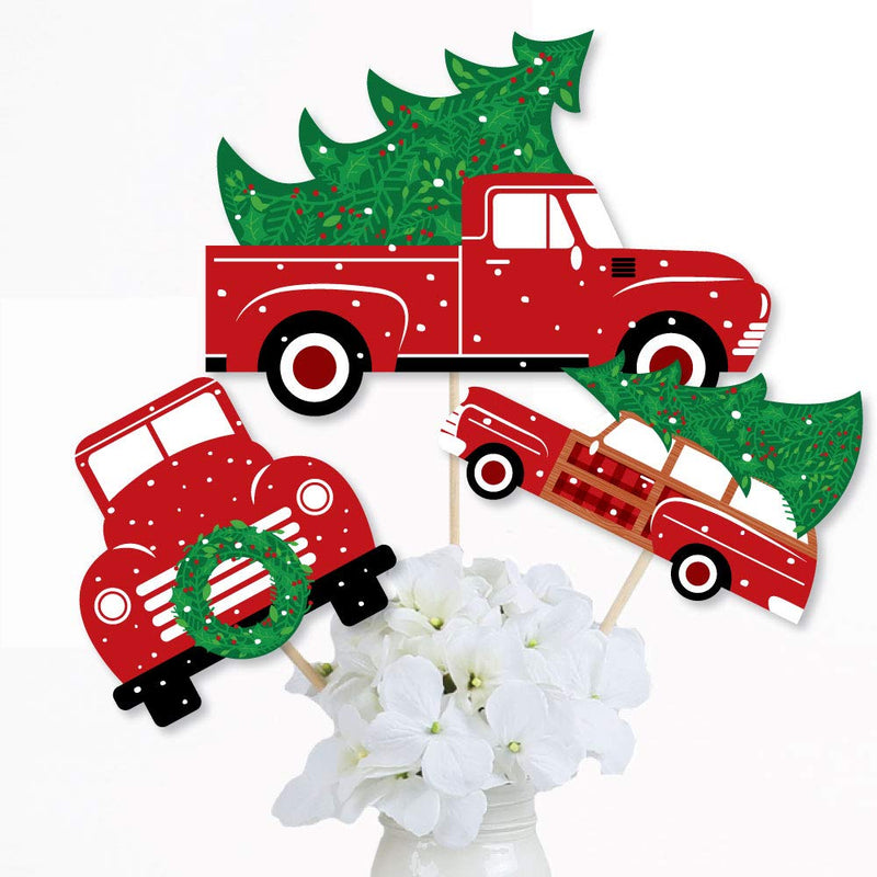 Big Dot of Happiness Merry Little Christmas Tree - Red Truck and Car Christmas Party Centerpiece Sticks - Table Toppers - Set of 15 - PawsPlanet Australia