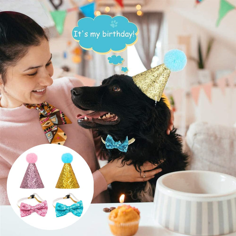 4 Pcs Pet Birthday Hat exquisite Collar Sequin Set Dog Birthday Cone Hat and Bow Tie for Puppy Kitty Party - PawsPlanet Australia