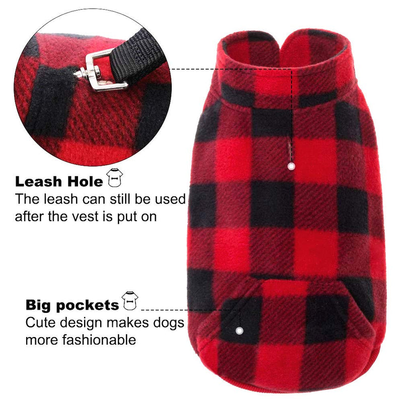 [Australia] - KOOLTAIL Plaid Dog Fleece Vest Clothes with Pocket Pet Winter Jacket for Cold Days Red S 
