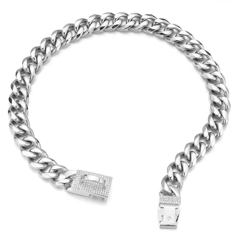 Aiyidi Dog Chain Collars Stainless Steel Silver Metal Chain Width 15mm/19mm with CZ Diamond Design Buckle Bling Dog Collar with ID Tag Dog Bell Waterproof Chewy for Dog Walking Training 10inches (for dog's neck 7~9inches) Silver,15mm wide - PawsPlanet Australia