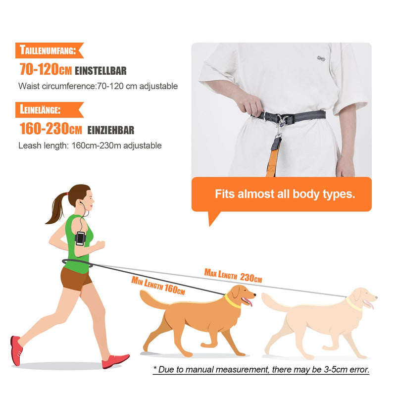 Snocyo jogging leash for dogs, jogging dog leash for medium and large dogs, elastic and reflective dog leash, retractable running leash with double handle and waist belt for one dog, gray and orange - PawsPlanet Australia