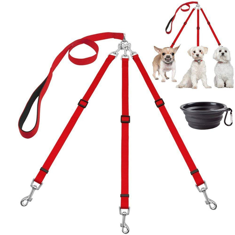 3 Way Dog Leash + Foldable Travel Liner Nylon Adjustable Clutch No Tangle Detachable 3 in 1 Multiple Dog Leash with Soft Padded Handle (Red) Red/Excursion Solid Color (Getaway Solids) - PawsPlanet Australia