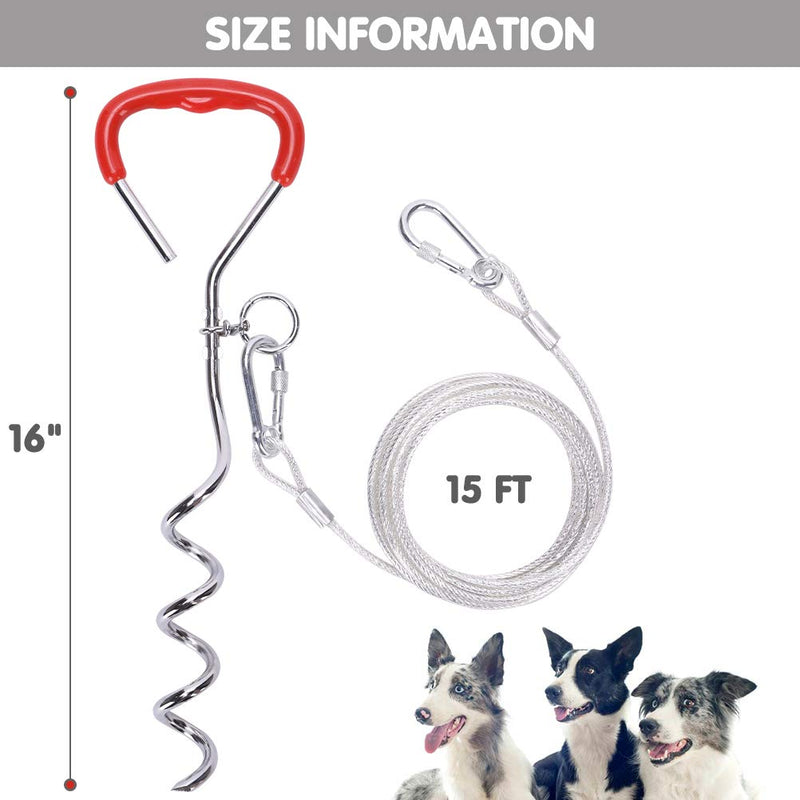 KOOLTAIL Dog Tie Out Cable and Stake 15 ft - Reflective Design Dog Run Fit for Small to Medium Dogs with 16" Stake, Dog Lead for Yard, Camping, Garden - PawsPlanet Australia