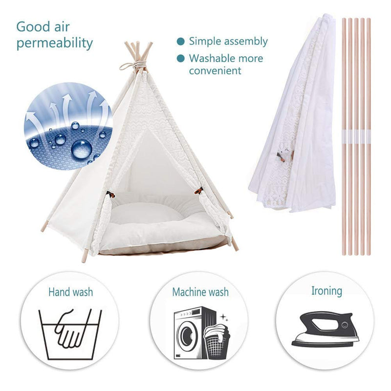 Zhuotop Lace Pet Tent Dog Bed Cat Tipi Kennels Removable Washable Pet Teepee Play House (With Cushion), Small - PawsPlanet Australia