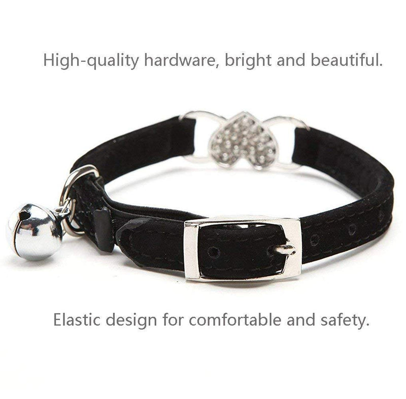 DAIXI Cat Collar with Safety Belt and Bell Heart Bling 8-11 Inches Black - PawsPlanet Australia