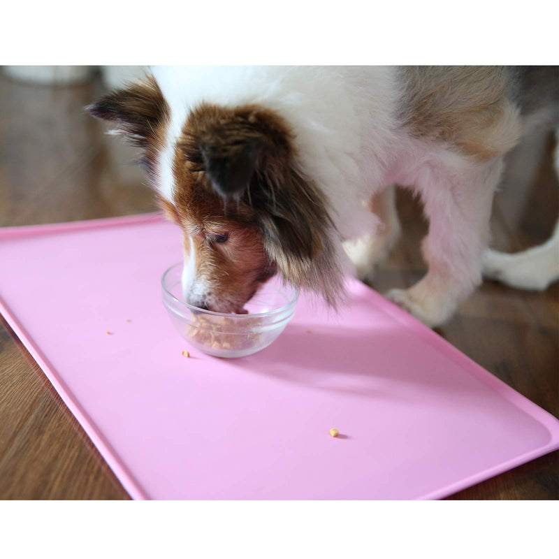 [Australia] - QAZWER Pet Food Mat Silicone Waterproof Dog Feeding Mat Cat Water Bowl Non-Slip Dog Placemat with Raised Edges (18.5" x 12") Pink 